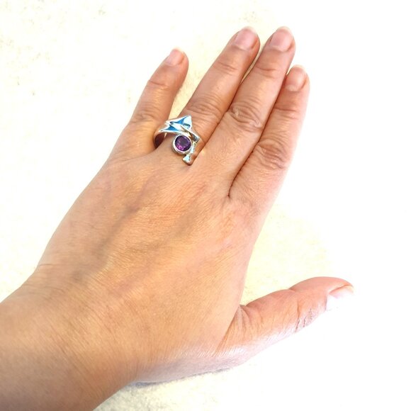 Unique Vintage Sterling Silver Natural Amethyst Floral Statement Ring – Size 9 - Picture 14 of 15